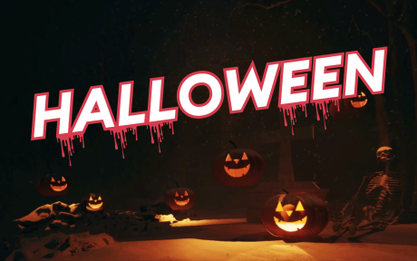 Dark background of pumpkins looking menacing. Text 'Halloween'.