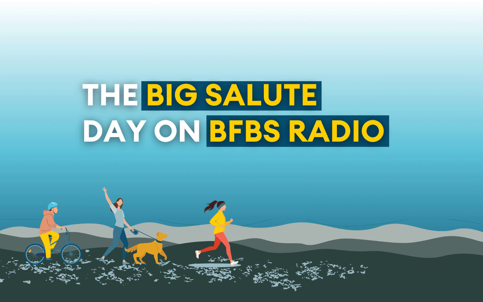 Dutoned blue background, digital icons of someone running, walk and cycling. Text 'The Big Salute Day on BFBS Radio'.
