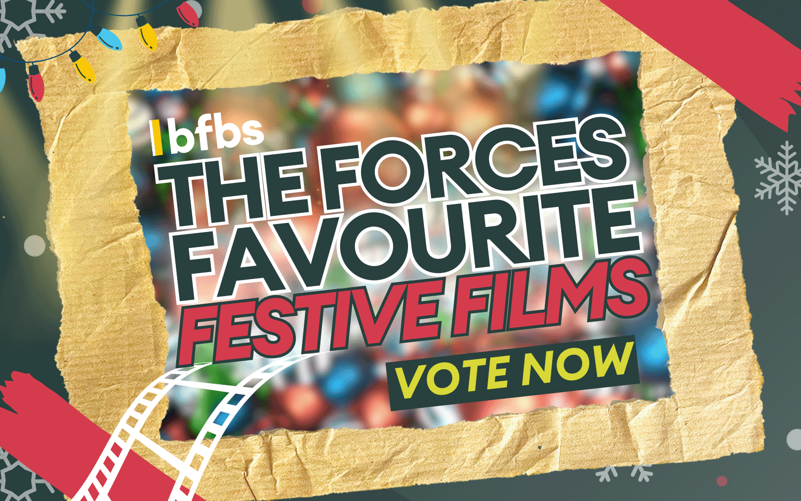 Artwork for the Forces Favourite Festive Films. Green background, open wrapping paper in the middle with text 'Forces Festive Favourite Films'.