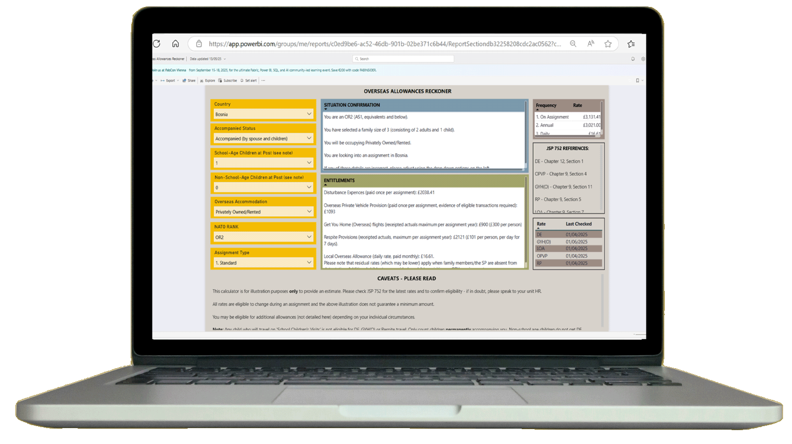 Laptop with a webpage displayed. The webpage shows the Overseas Allowances Reckoner (OAR) tool, which helps calculate allowances for the user.