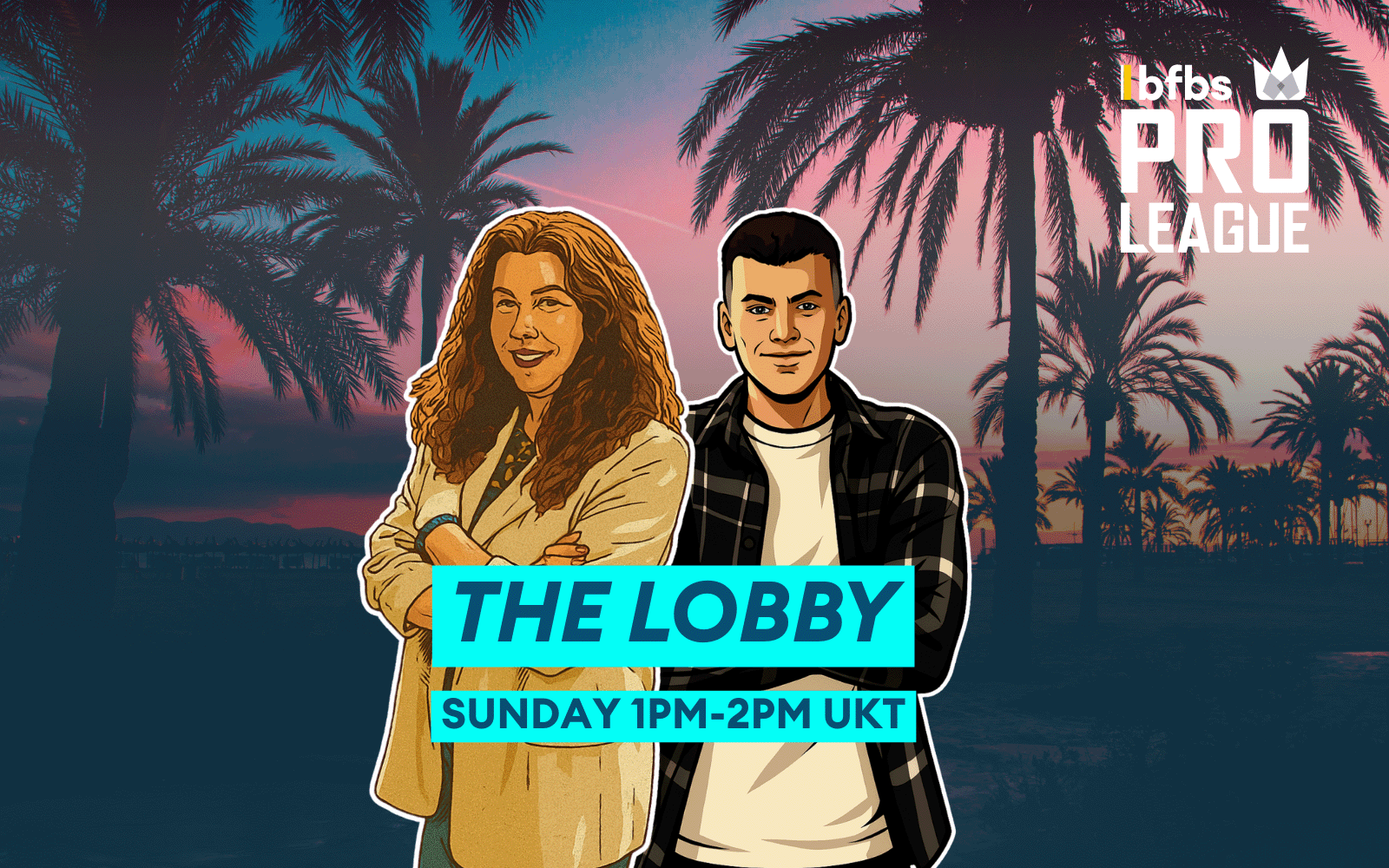 Animated images of BFBS presenters Danni and Jonah. Sunset background with palm trees.