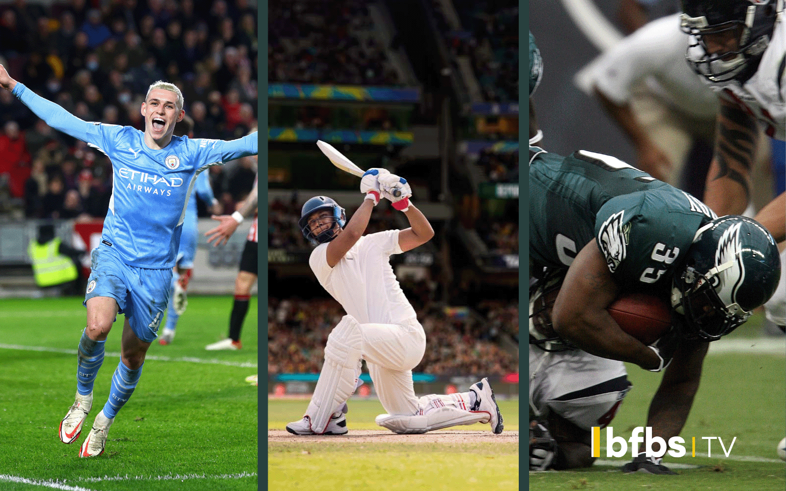 Three cropped images of sporting events. Close up a person celebrating mid-football match (Phil Foden), cricketer mid-shot and an NFL player mid-action,