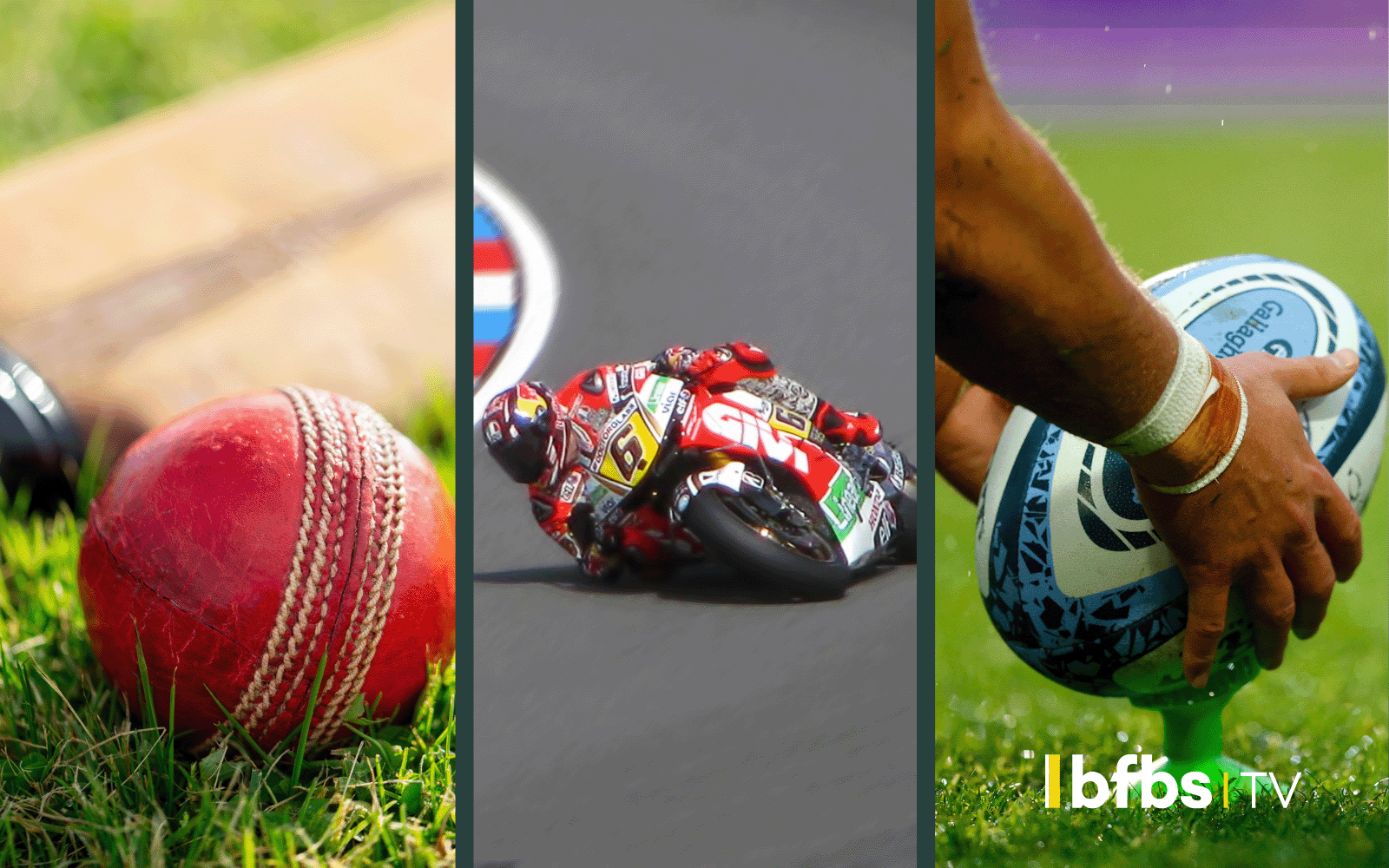 Three cropped images of sporting events. Close up of cricket ball, MotoGP bike and a rugby ball.