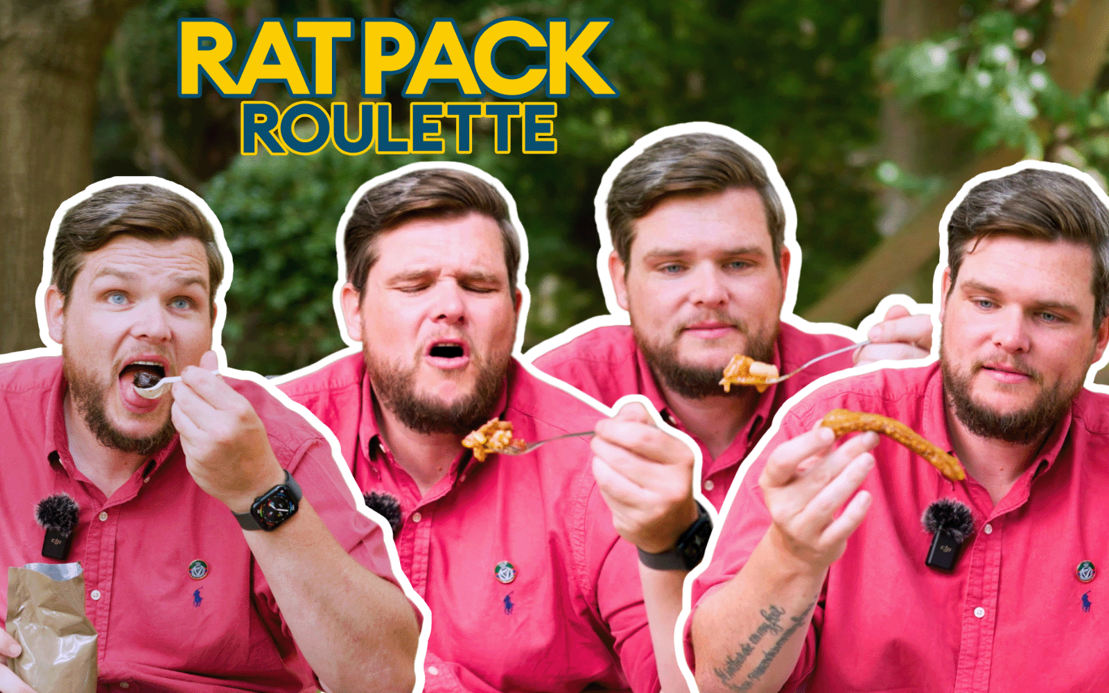 Series of cut outs of BFBS veteran Karl trying a variety of different foods. Text, 'Rat Pack Roulette'.