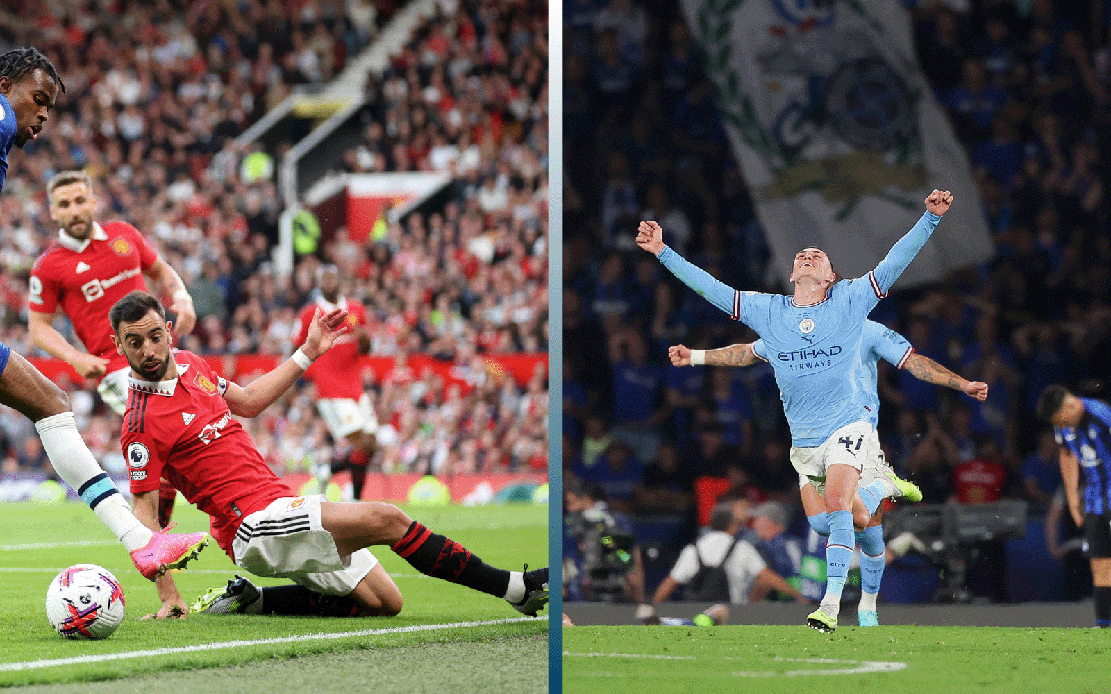 Action shot from Manchester United, Bruno Fernandes making a sliding tackle. Action shot from Manchester City, Phil Foden with arms in air.