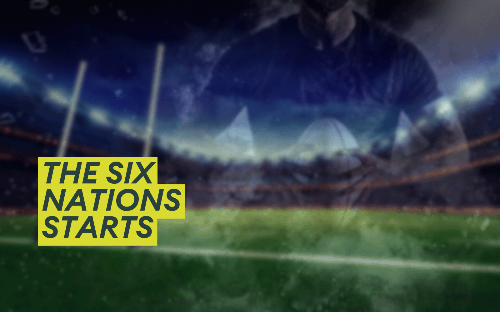 Image of a rugby pitch with an image of a rugby player holding a ball overlayed.