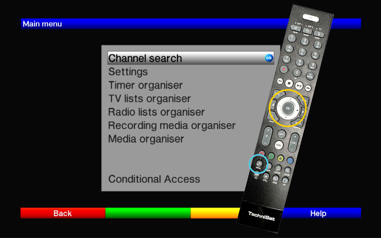 Screen grab from the BFBS TV set top box showing a menu. Pop up of a remote control.