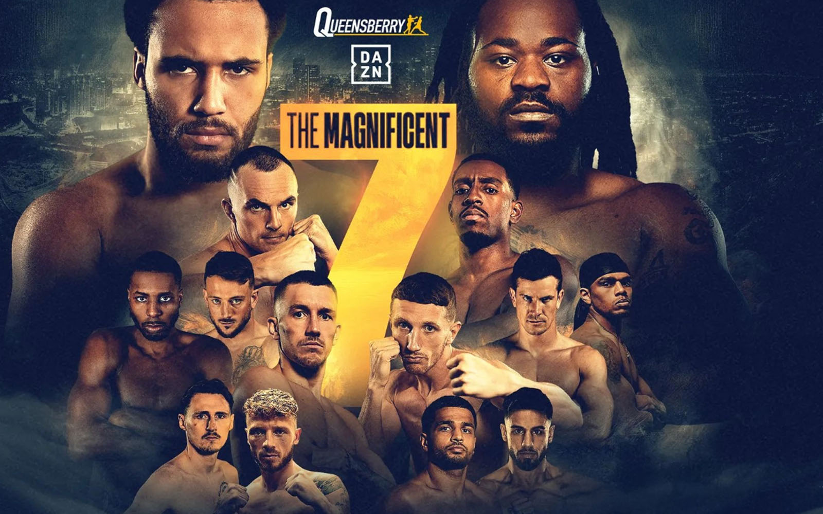 Promotional poster for a boxing event, various boxers collated together.