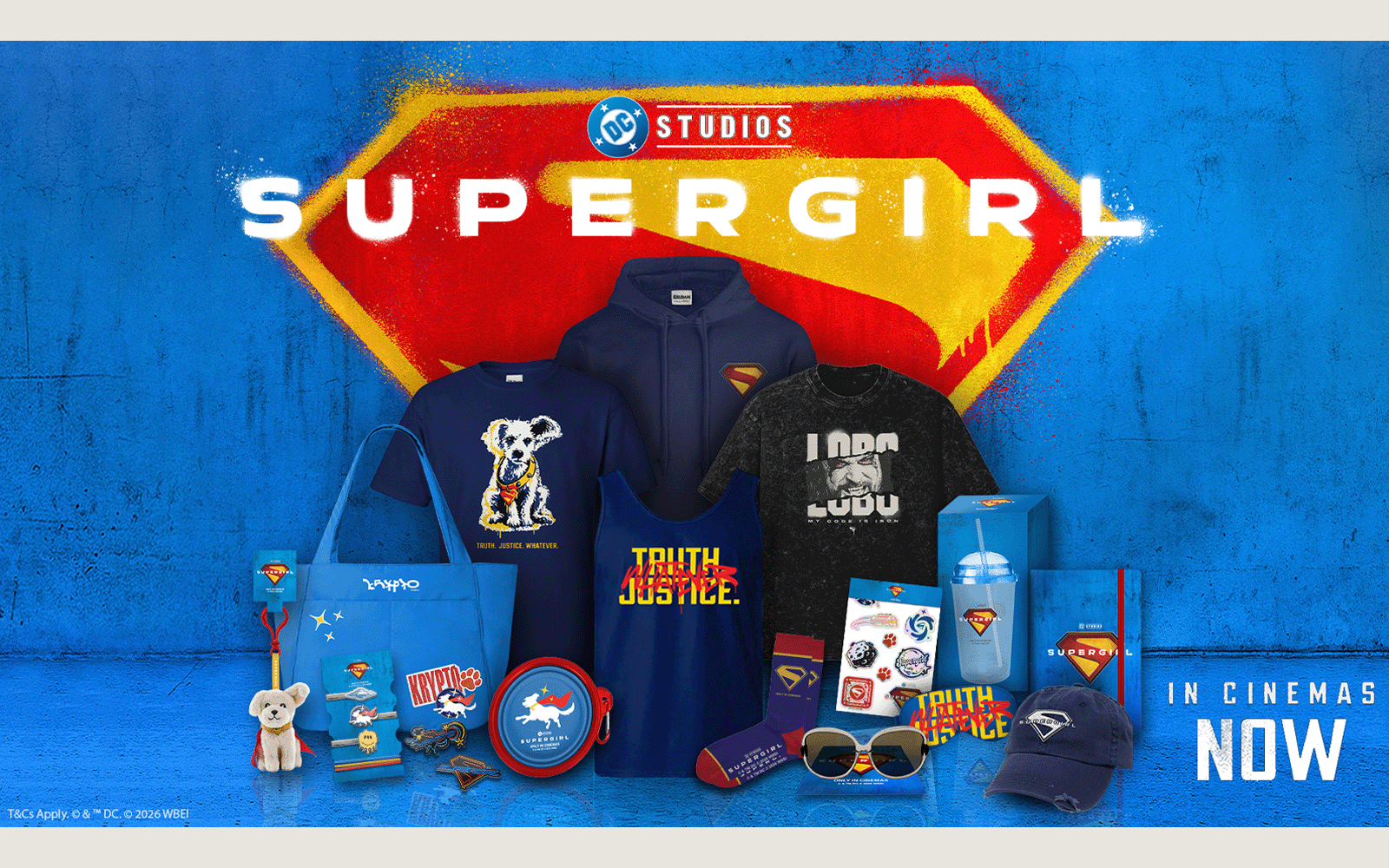 Poster with a list of merchandise available to win for a Supergirl competition.