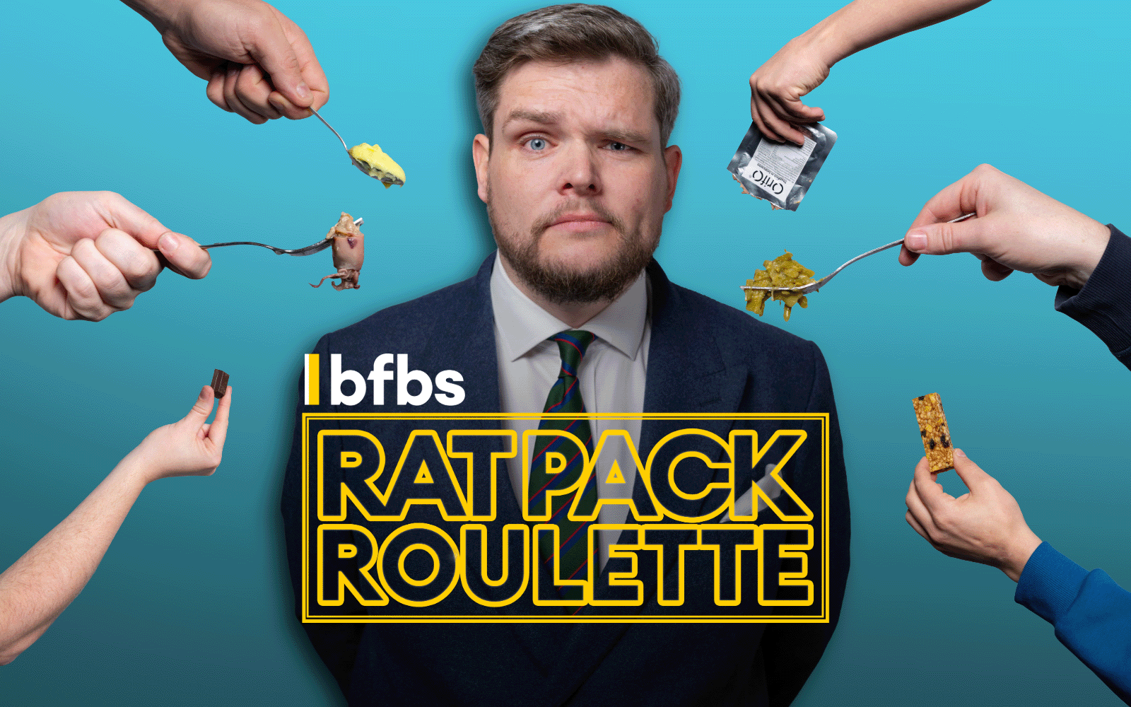 BFBS veteran Karl with various arms pointing at him holding different types of foods. Text, 'Rat Pack Roulette'.