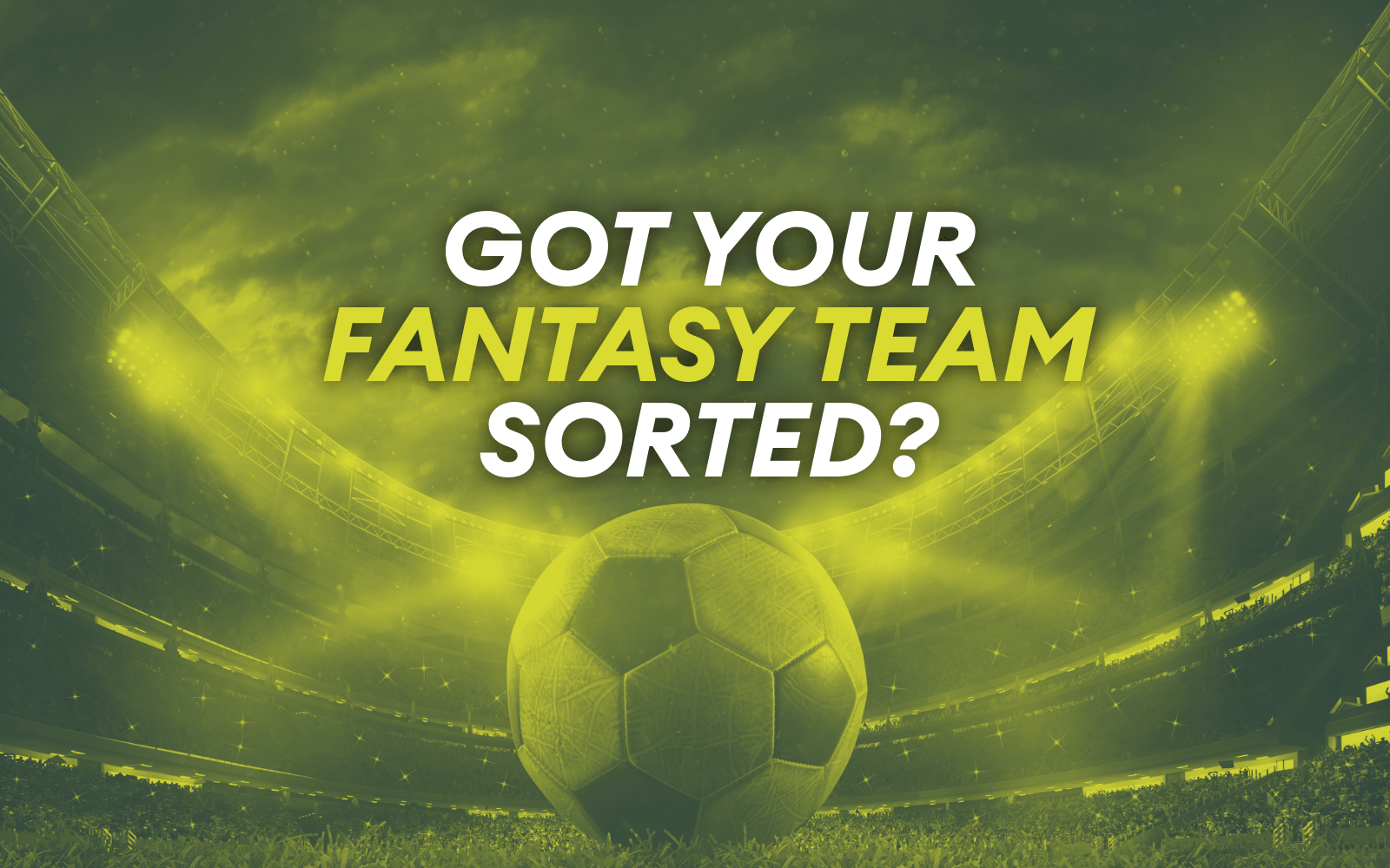 Duo green background of a ball, with lights shining on it, in a stadium. Text 'Got your fantasy team sorted?'.