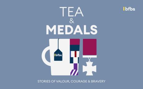 Graphic of a cup of tea and a medal on a grey background.