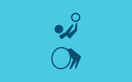Digital icon of someone playing wheelchair basketball.