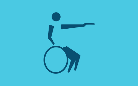 Digital icon of someone sat in a wheelchair aiming an air pistol.