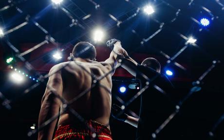Man's hand being raise in victory after an mma fight.