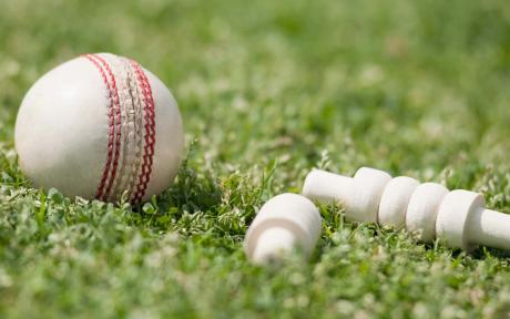 Close up of a T20 cricket ball and wickets. 