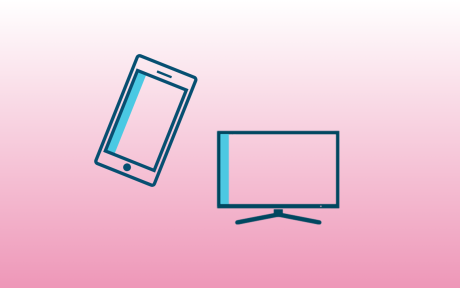 Digital icons of a mobile and TV, pink background.