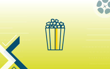 Green gradient background, digital popcorn icon.