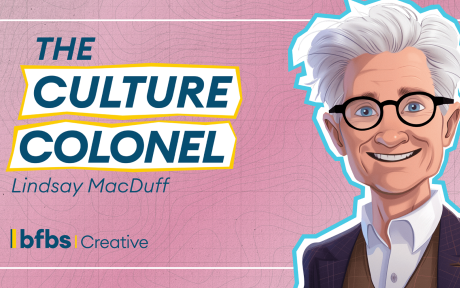 Digital artwork for the Culture Colonel. Pink background. Cartoon image of a white haired man, Text 'The Culture Colonel'.