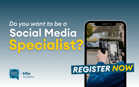Duotoned blue and white background. Mobile phone with screengrab of person using a video camera. Text 'Do you want to be a Social Media Specialist?'.