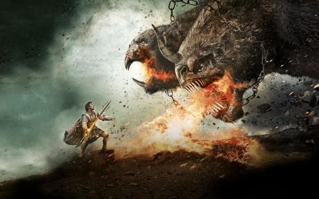 Promotion image for the move Wrath of the Titans. Character fighting off two large, fire-breathing, monsters.