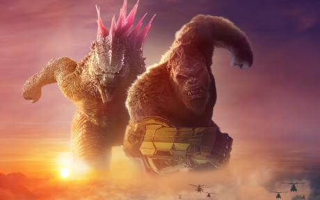 Promotional image for the Godzilla and King Kong movie. Close up of Godzilla and King Kong running towards the camera.