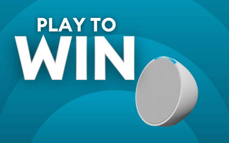 Wavy blue background, image of a smart speaker, text 'play to win'.