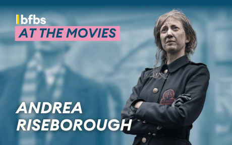 Cut out of Andrea Riseborough, from the movie Lee on a duotoned blue background.