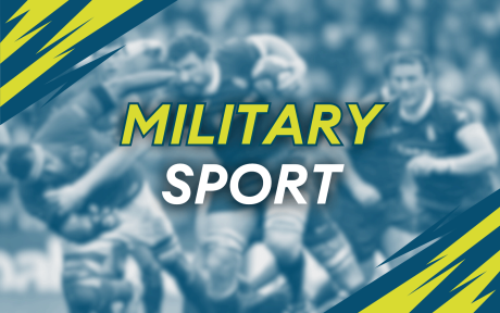 Blurred background of a rugby match happening. Text 'Military Sport'.