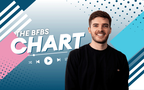 Cut out of BFBS Presenter Elliot Darby, dutoned blue background with graphical shapes. Text 'The BFBS Chart'.