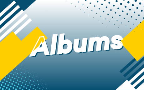 Digital graphic for the BFBS Chart. Various shapes and a dutoned blue background. Text 'Albums'.