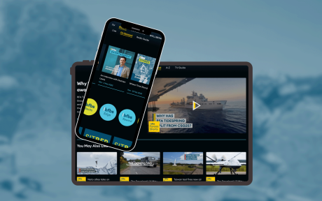 Cut out images of the BFBS MiPlayer being used on devices. One a mobile and one a tablet, screen shots of OnDemand content on each.