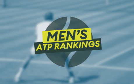 Duotoned blue image of a male tennis player waiting for someone to serve on a grass court. Text 'Men's ATP Rankings'.