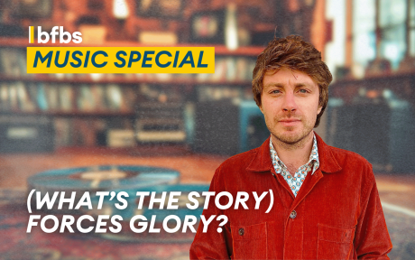 Faded image of a flat, cut out of BFBS presenter George Wedlake, text 'What's the story Forces Glory'.