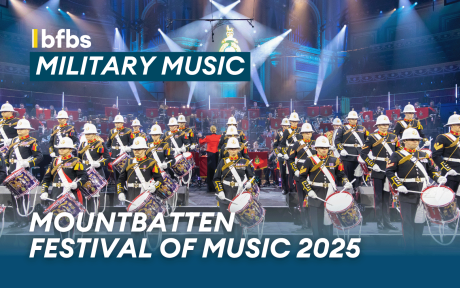Photo from the Mountbatten Festival of Music. Image of brass band on a stage.
