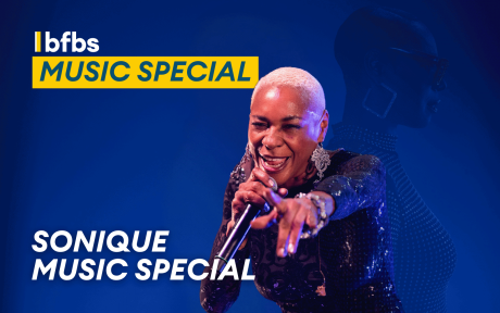 PR photo of music artist Sonique. Text 'BFBS Music Special, Sonique Music Special'.