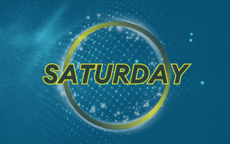 Duotoned blue image. Text 'Saturday'.
