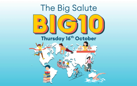 Duotoned blue background. Text 'the Big Salute Big 10'. Digital icons of a map and various activities such as running, swimming.