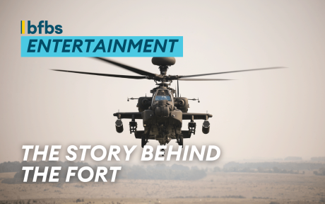 Wide shot of an apache helicopter. Text 'The Story Behind the Fort'.