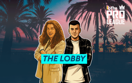Cut out images of BFBS presenters Danni G and Jonah, with a gaming effect on them. Text 'The Lobby'.
