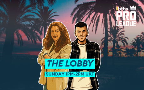 Animated images of BFBS presenters Danni and Jonah. Sunset background with palm trees.