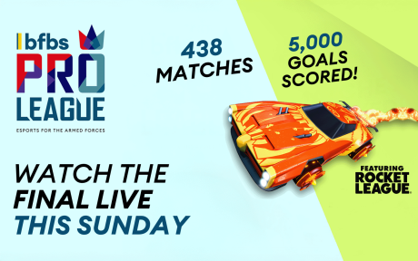 Digital graphic of a computer generated car, lots of text. 'BFBS Pro League, 438 Matches, 5000 goals scored, watch the final live this Sunday'.