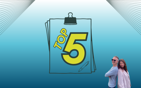 Duotoned blue background. Graphic of a clipboard and a pen, text 'Top 5'.
