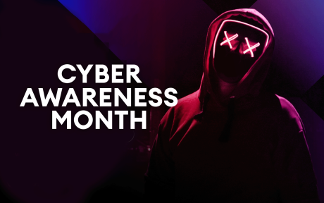 Hooded person in background, with X over their eyes. Text 'Cyber Awareness Month'.