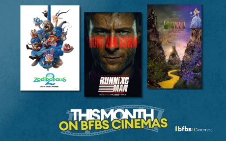 Duotoned blue background. Three movie posters aligned next to each other, text 'this month on bfbs cinema'.