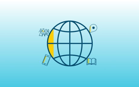 Digital icon of a globe with several digital icons surrounding.