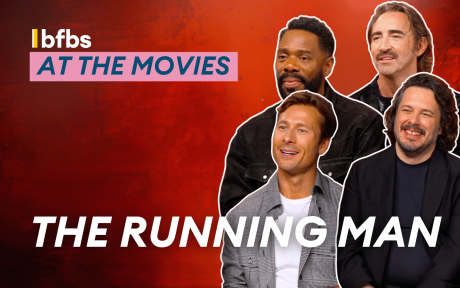 PR photo cut outs of Edgar Wright, Glen Powell, Lee Pace and Colman Domingo. Text, 'The Running Man'.