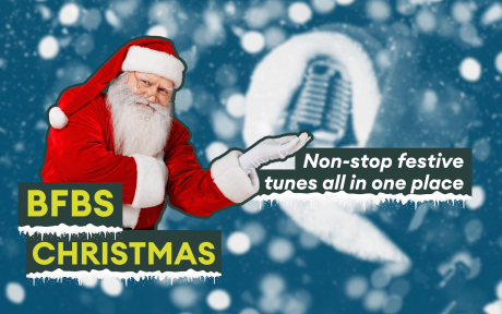 Cut of our Santa, snowy background with a radio mic that has a Santa hat on it. Text, 'BFBS Christmas, non-stop festive tunes all in one place'.