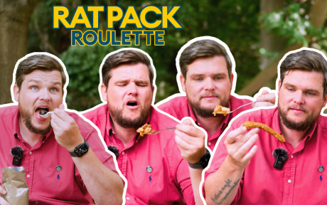 Series of cut outs of BFBS veteran Karl trying a variety of different foods. Text, 'Rat Pack Roulette'.