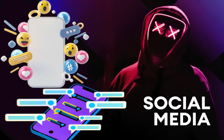 Hooded person in background, with X over their eyes. Two graphics, one of a phone with emojis around it, one of a phone with text bubbles around it. Text 'Social Media'.